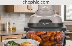 Ninja Crispi 4-in-1 Glass Air Fryer Review: The Death of the Plastic Basket A professional product photograph of the Ninja Crispi system on a modern kitchen counter. The 1500W PowerPod is shown mounted atop a clear, heavy-duty borosilicate glass container filled with crispy roasted vegetables. The image emphasizes the complete absence of plastic and PFAS-coated surfaces. A website watermark is positioned at the very top center of the frame.