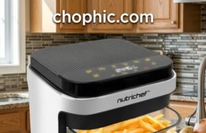 Transparent Cooking Dynamics: NutriChef 5.8 Quart Technical Review A technical product photograph of the NutriChef 5.8 Quart glass air fryer on a modern kitchen counter. The transparent glass fry bowl holds golden sweet potato fries. The heating pod shows a 1200W indicator, and a hand adjusts the ergonomic handle, suggesting manageability. Heat waves are subtly illustrated rising from the glass to emphasize thermal activity. A watermark is at the top of the image.