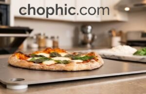 ThermiChef Pizza Steel Review: Professional Crust at 1000°F A professional-grade ThermiChef Pizza Steel positioned on an oven rack, featuring a rustic artisan pizza with a perfectly charred, blistered crust. The image highlights the heavy-duty metallic texture of the steel, with heat waves subtly illustrated to emphasize its thermal conductivity. A website watermark is cleanly placed at the very top of the frame.