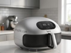 Typhur Dome 2 Review: The Quiet Physics of Professional Air Frying A technical photograph in a modern, sunlit kitchen shows the sleek, open Typhur Dome 2 appliance, highlighting its dark, matte ceramic-coated interior. Two infographic overlays are visible: one with red graphics and a laser dot showing the infrared dual-heat system, and another with a green checkmark indicating the certified food-safe ceramic lining. A digital thermometer displays a high-temperature reading nearby.