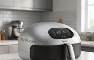 Typhur Dome 2 Review: The Quiet Physics of Professional Air Frying A technical photograph in a modern, sunlit kitchen shows the sleek, open Typhur Dome 2 appliance, highlighting its dark, matte ceramic-coated interior. Two infographic overlays are visible: one with red graphics and a laser dot showing the infrared dual-heat system, and another with a green checkmark indicating the certified food-safe ceramic lining. A digital thermometer displays a high-temperature reading nearby.