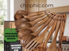 Woodenhouse Teak Utensils Review: Is This 10-Piece Set Truly “Lifetime”? A detailed close-up photograph of a 10-piece Woodenhouse Teak Utensil Set arranged on a kitchen counter, showcasing spatulas, spoons, and a ladle with a robust, rich golden-brown grain, contrasting a small diagrammatic cross-section showing solid teak grain versus bamboo's laminated construction to emphasize durability.