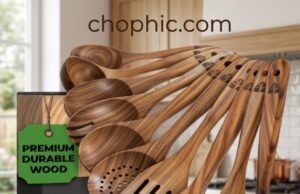 Woodenhouse Teak Utensils Review: Is This 10-Piece Set Truly “Lifetime”? A detailed close-up photograph of a 10-piece Woodenhouse Teak Utensil Set arranged on a kitchen counter, showcasing spatulas, spoons, and a ladle with a robust, rich golden-brown grain, contrasting a small diagrammatic cross-section showing solid teak grain versus bamboo's laminated construction to emphasize durability.
